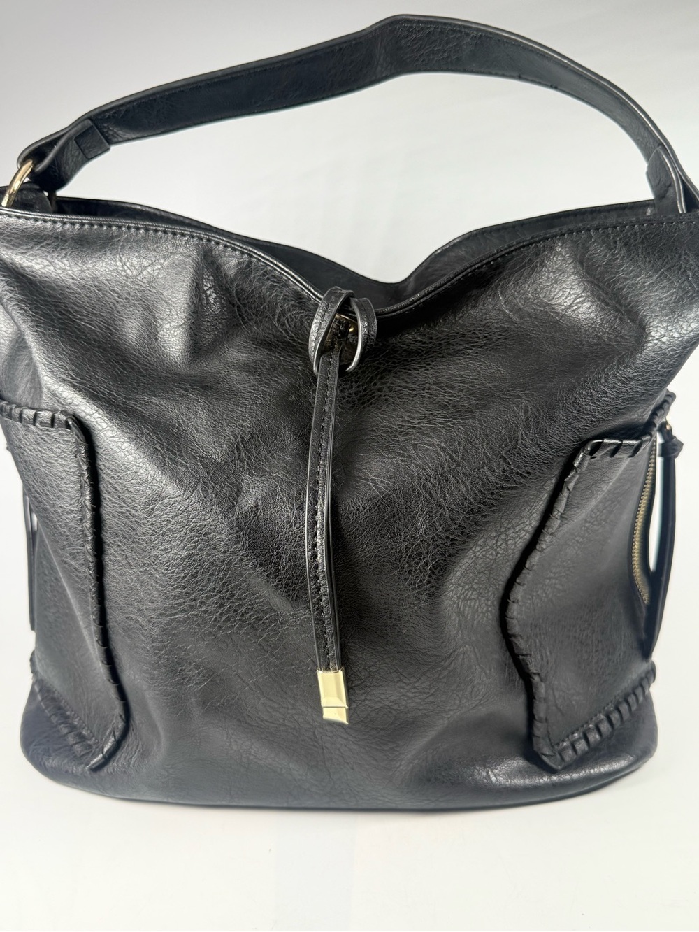 Black Faux Leather Hobo Shoulder Bag Slouchy Tote Purse Large 14x13